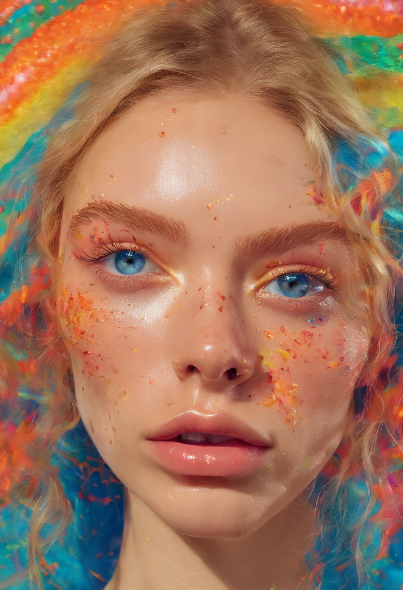 ultra face close up, face up,1Girl 18 years old, nur, Lange Haare, Blick auf den Betrachter, blonde hair, blaue Augen, Schmuck, Halskette, schulterfrei, pullover, lips, realistisch, Nase, Flirten mit der Kamera, close up shot, realism, detailed eyes, skin imperfection, fine small freckles, natural, without reflection and shadow on the face, without glare, ultra high face texture, colours, realism, 8K, natural, big lips, full lips, hyper detailed photo, photorealistic