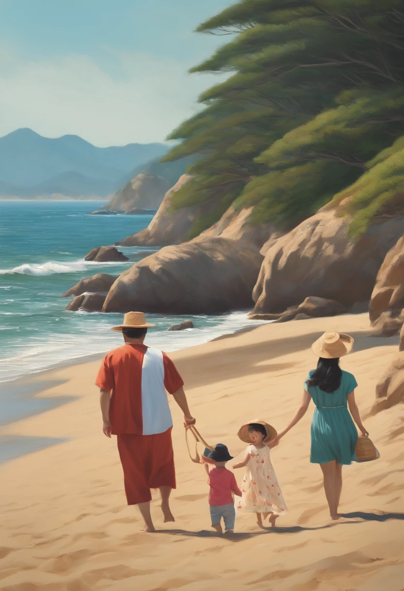 a korean family go to the beach