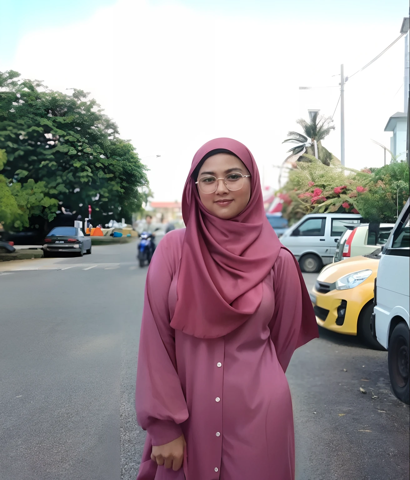 there is a woman standing on the street in a pink hijab, inspired by Naza, malaysian, inspired by Nazmi Ziya Guran, hijab, inspired by Fathi Hassan, student, inspired by Shaddy Safadi, faridah malik, inspired by JoWOnder, inspired by Ismail Acar, cute woman, in city street, taken at golden hour, wearing red bikini with a sexy body