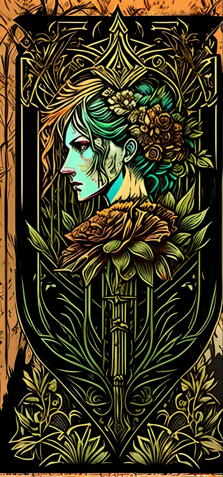 a woman with a sword and flowers on her head, floralpunk elysian maiden, style of hydro74, cyberpunk art nouveau, heavy metal tshirt design, cyberpunk flowerpunk, inspired by Jason Teraoka, art nouveau cyberpunk! style, heavy metal art style, in the style dan mumford artwork, inspired by Tsukioka Yoshitoshi, orange