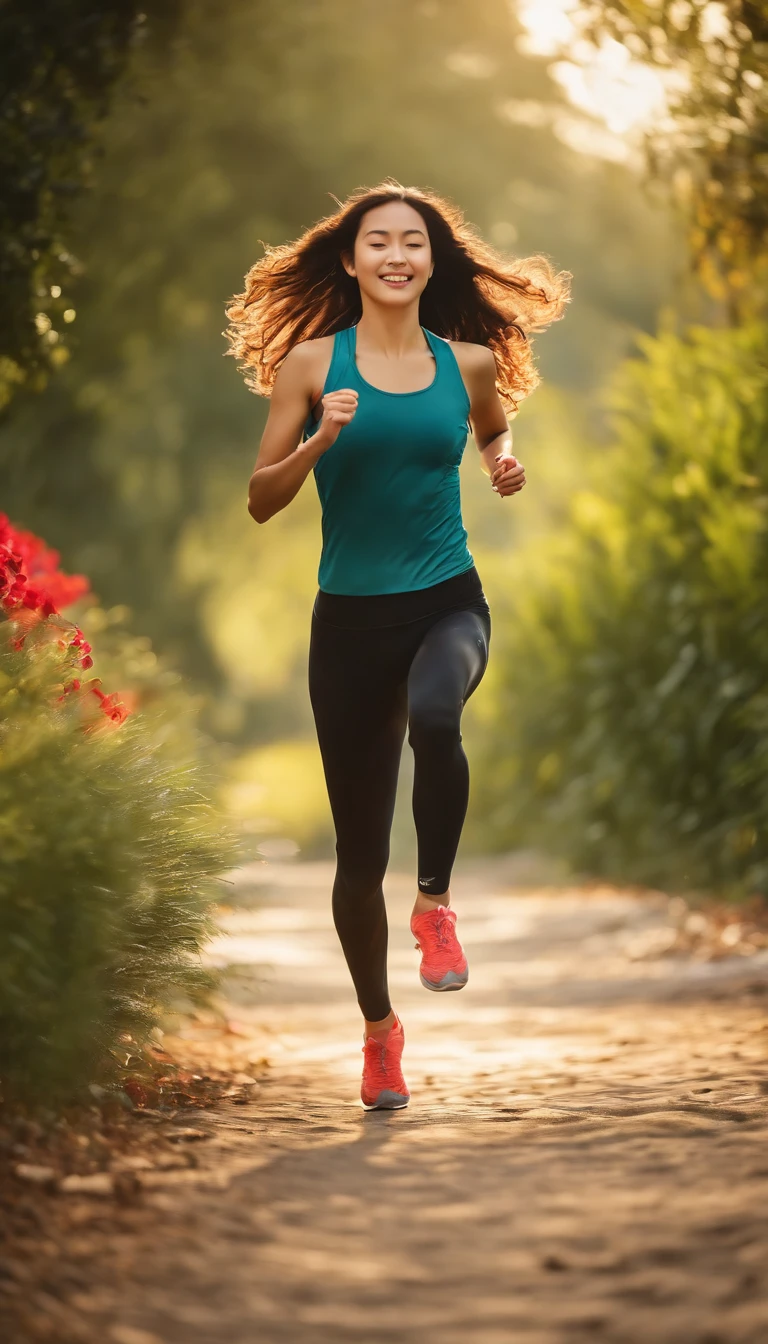 (best quality,4k,8k,highres,masterpiece:1.2),ultra-detailed,realistic,photorealistic:1.37,15 years old girl,Chinese girl,running,sweating,wearing sports shorts,jogging in a garden in the morning,long flowing hair,fit and healthy physique,beautiful and bright smile,morning sunlight illuminating her face,birds chirping in the background,green grass and colorful flowers,vibrant and vivid colors,lively atmosphere,energetic and dynamic pose,exquisite and detailed perspiration drops on her forehead,graceful movements,her determination and perseverance evident in her stride,realistic lighting bringing out the depth and dimension of the scene,gentle breeze rustling through the leaves,creating a serene and refreshing ambiance,vibrant colors adding vibrancy and liveliness to the image,dynamic composition capturing the action and energy of her running.