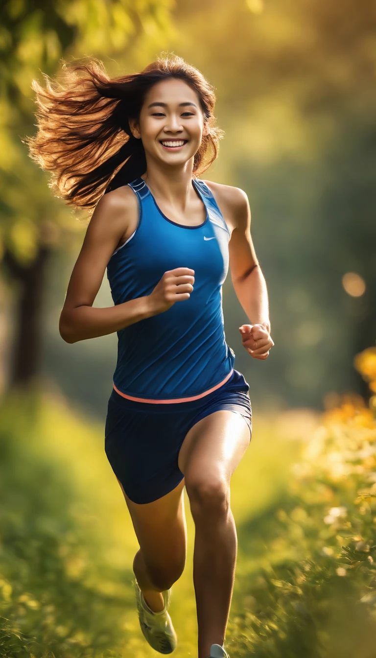 (best quality,4k,8k,highres,masterpiece:1.2),ultra-detailed,realistic,photorealistic:1.37,15 years old girl,Chinese girl,running,sweating,wearing sports shorts,jogging in a garden in the morning,long flowing hair,fit and healthy physique,beautiful and bright smile,morning sunlight illuminating her face,birds chirping in the background,green grass and colorful flowers,vibrant and vivid colors,lively atmosphere,energetic and dynamic pose,exquisite and detailed perspiration drops on her forehead,graceful movements,her determination and perseverance evident in her stride,realistic lighting bringing out the depth and dimension of the scene,gentle breeze rustling through the leaves,creating a serene and refreshing ambiance,vibrant colors adding vibrancy and liveliness to the image,dynamic composition capturing the action and energy of her running.