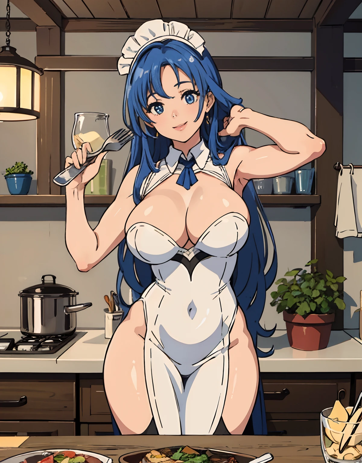 (Best Quality, Masterpiece),sexy mommy, Front cover of a women's cooking magazine,naked, erotic, 18+, nsfw, 1girl, 30 years old, stunning, cute, smile, hourglass figure, Maid costume, beautiful food, text, diagrams, advertisements, magazine title, long blue hair,blue detailed sparkling eyes,One strand of hair hangs down over his forehead