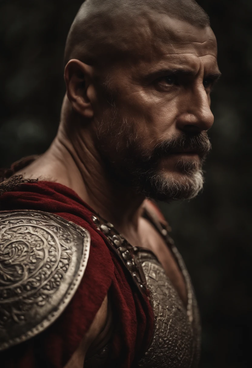 Homem vermelho, forte, estilo gladiador, bunda grande, homem feio, 50 anos, tatuagens na cara