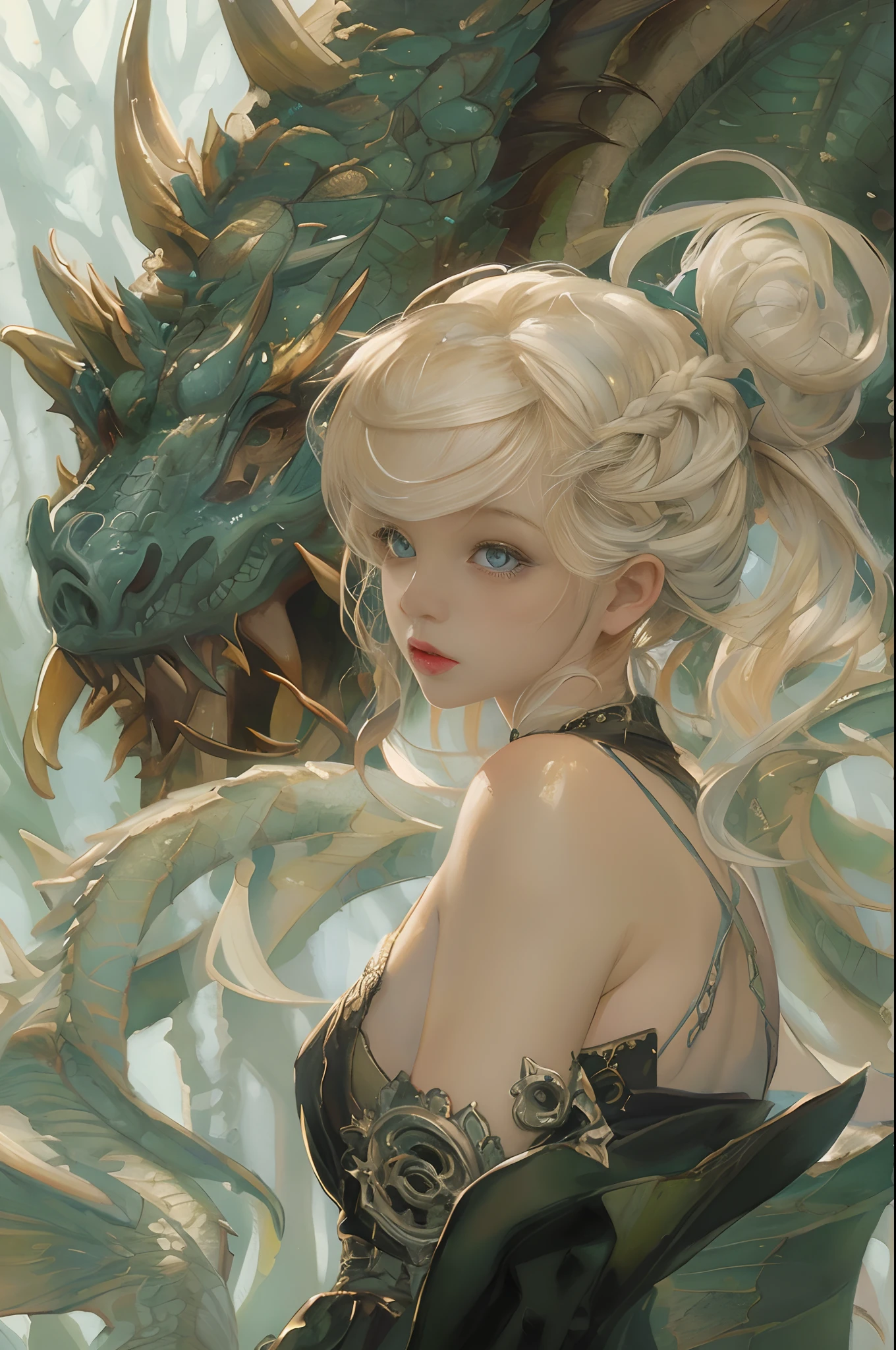 Top image quality、masterpiece、Thick painting of oil painting、Leyendecker's style、Beautiful fair-skinned girl、Fantasia、the eyes are a little small、The iris is blue、Cute little face、a small face、Light makeup、blonde hair in braids、tiny chest、sitting on、Full body like、Black Gloves、gothic dress、long skirt、Forest in the background、rivulets、borgar、The dragon、thirds rule、dynamic ungle