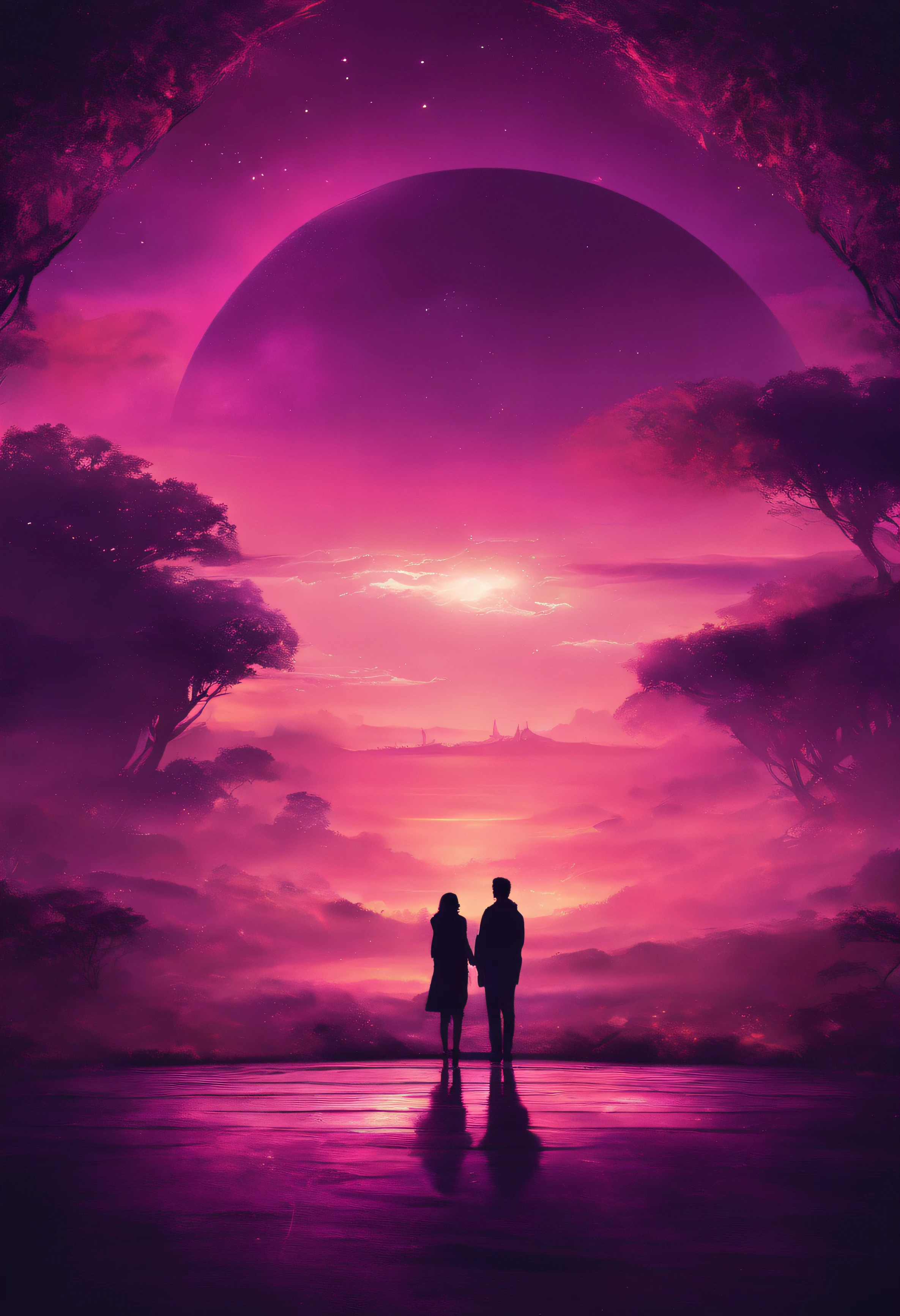 Cielo Profundo, Colores Morados de fondo, Ambiente Mistico, Romantic atmosphere, 2 Personas irradiando luz,besandose y desprendiendo luz en todas direcciones --auto
