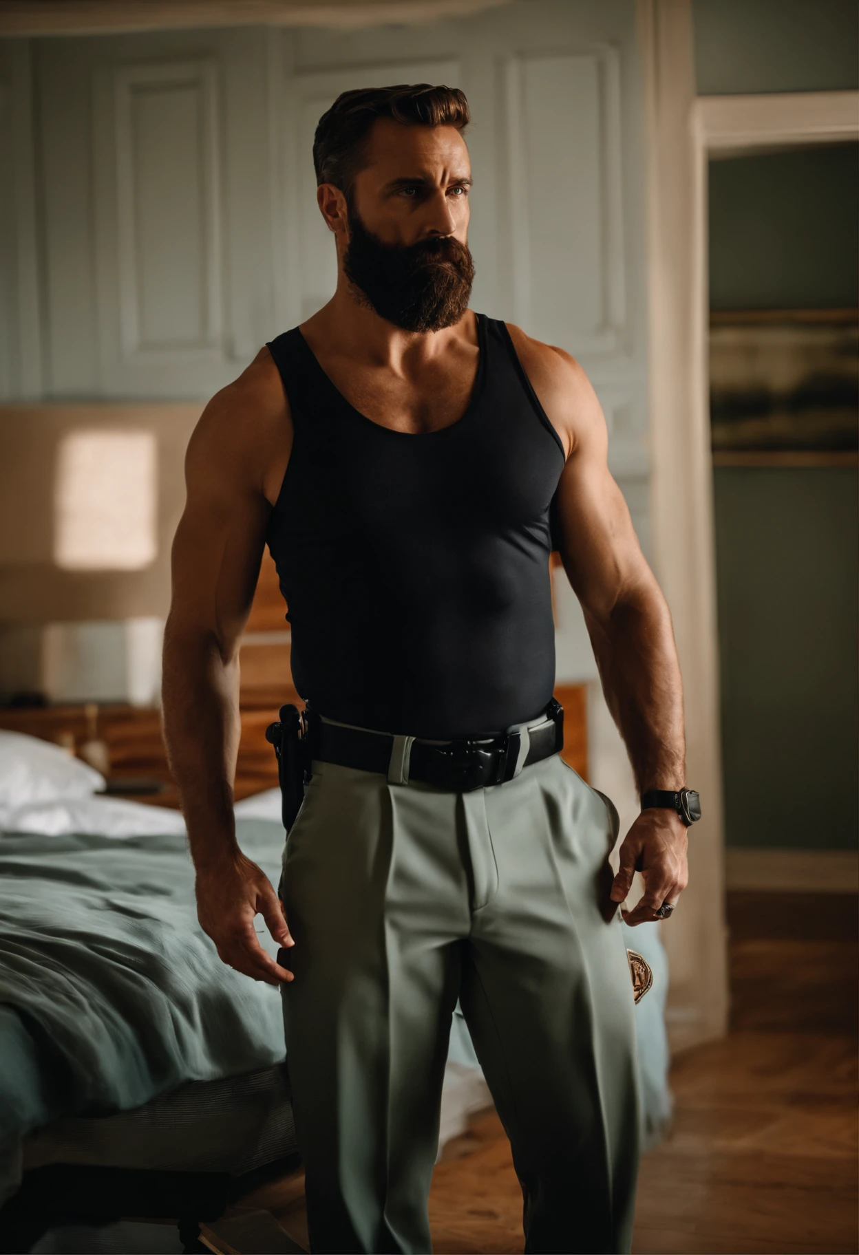 homem musculoso, Bearded cop only in underwear in bedroom