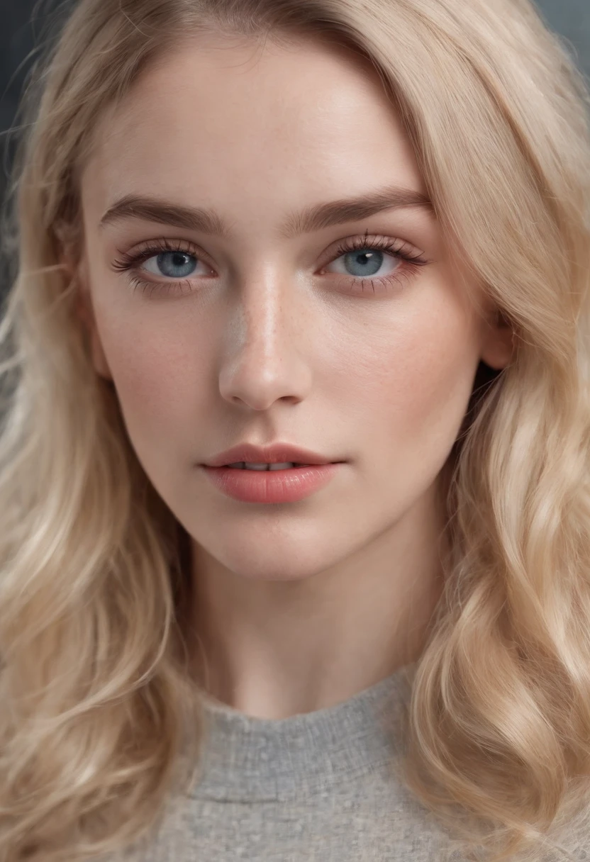 ultra face close up, face up,1Girl 18 years old, nur, Lange Haare, Blick auf den Betrachter, blonde hair, blaue Augen, Schmuck, Halskette, schulterfrei, pullover, lips, realistisch, Nase, Flirten mit der Kamera, close up shot, realism, detailed eyes, skin imperfection, fine small freckles, natural, without reflection and shadow on the face, without glare, ultra high face texture, colours, realism, 8K, natural, big lips, full lips, hyper detailed photo, photorealistic