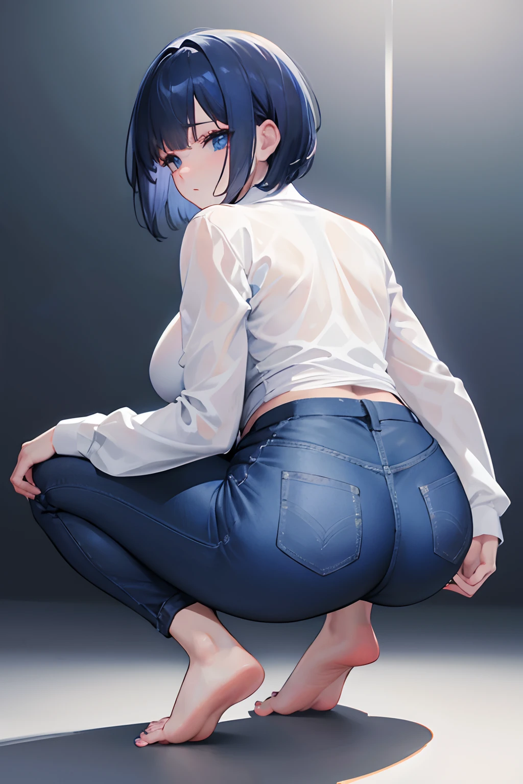 Breast big, ass big, barefoot, squatting, shirt white long sleeve, pants blue, feet's
 beautiful, dark blue pants, dark blue hair, short hair, detailed feet, realistic feet, nails blue, nails realistic, pants thighs, hands in her breast