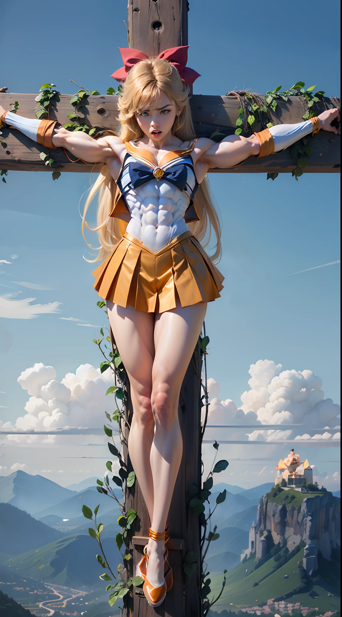 ((Female Bodybuilders))、((Super muscular body))、(thick neck)、(Muscular neck)、((sailorvenus))、a beauty girl、angry expressions、Girl in short skirt on cross on mountain background, goddes, the sailor galaxia. Beautiful,