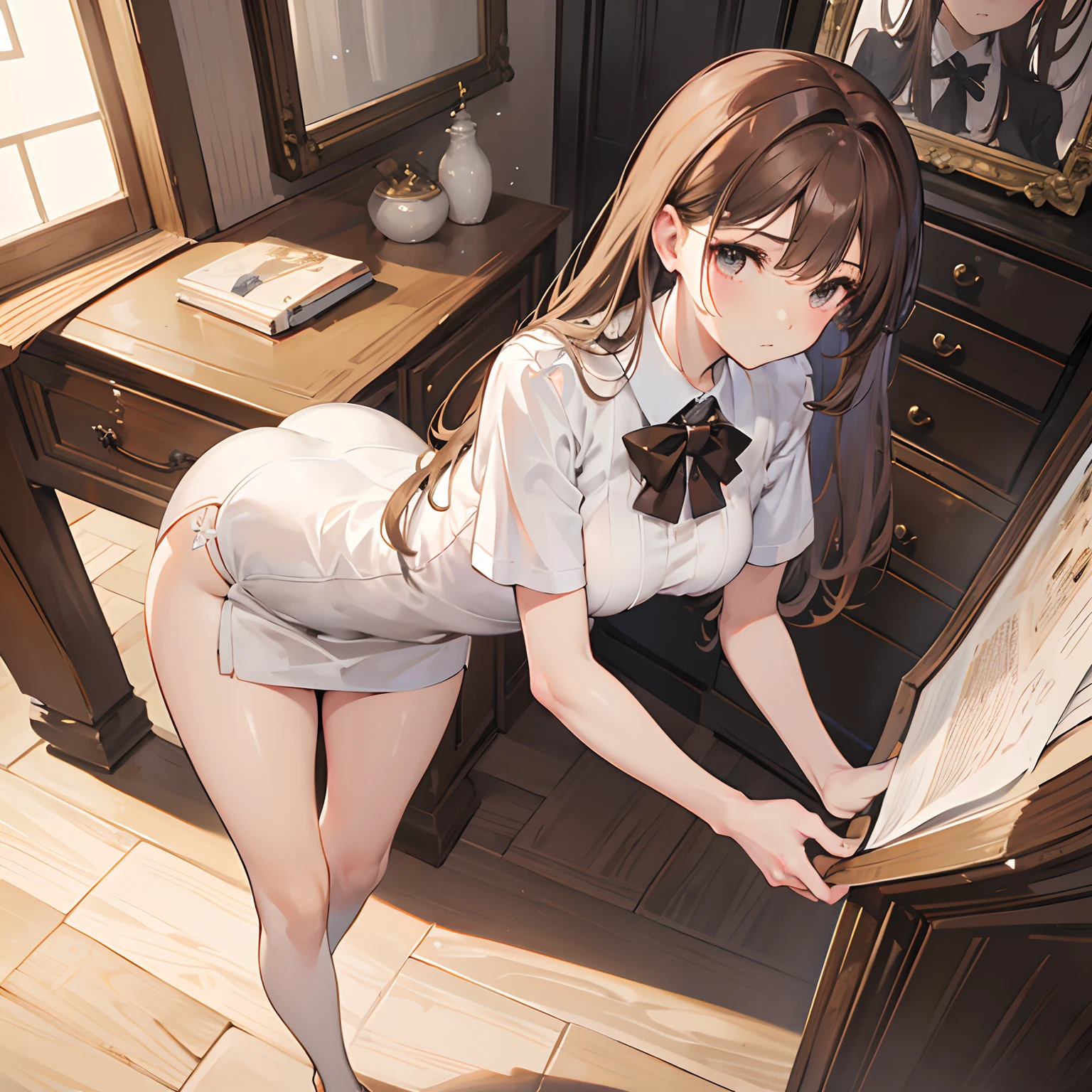 Extremely detailed, masterpiece, high resolution, realistic, 1girl, (very tall), long slender legs, small waist, (medium bust:1.2), (very long brown hair), hazel eyes, alluring eyes, unbelievably cute face, cute eyes, looking down at viewer, short white skirt, white polo shirt, tight clothes, full body shot, in bedroom, (soaking wet), just got out of shower, (incredibly wide hips:1.2)