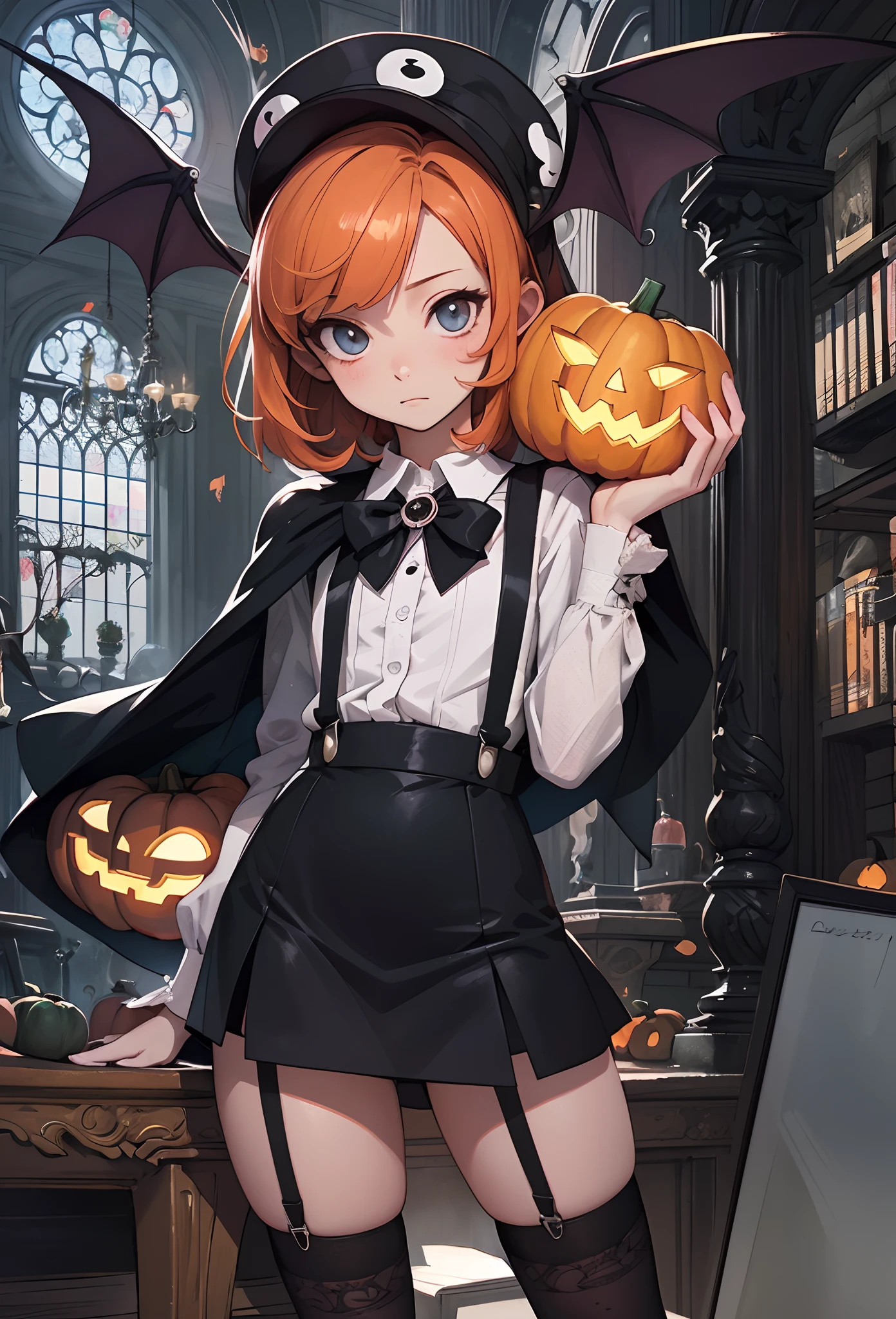 (Detailed illustrations,Very detailed and detailed drawing,Delicate lines with slow and rapid,Realistic texture expression),[Color tressed main line],[[Skull Moon] Midnight Graveyard [[ghosting]]],[HENTAI] kawaii ((anime) Girl (Pretty) 13years [SKINNY [morbid]]) (Light orange hair [Trimmed bangs]) ((magical ) pumpkins [Jack Lantern]),([the bats] Head dress) (Torn and perforated cape [[Featured Accessories] dress shirts (Ren Hao (frilld) bow ribbon)] (suspenders)[Black culotte skirt] [overknee socks] [[Eye patches, bandages, adhesive plasters]] [lacy fabric:0.8]),Transparency [Soft ambient light:0.6] gravure [[Halloween]][Colorful],(Intricate and beautiful decoration [Dense detail]),(Fine and beautiful skin expression [Transparency]),[Perfect eye details (Iris beautifully drawn in every detail)],[long and beautiful eyelashes:0.4],[Fine hair details],(Perfect hand details),(Perfect Anatomy (Perfectly proportioned)) [[Full body like]],[Ideal color coordination(Accurate simulation of light-material interactions)],(HighQuality,[Precision Detail] hight resolution,(detaileds,high-detail)),[Color illustration like pale watercolor][Visual art that conveys a sense of narrative] [[Eros in the Natural Body]].