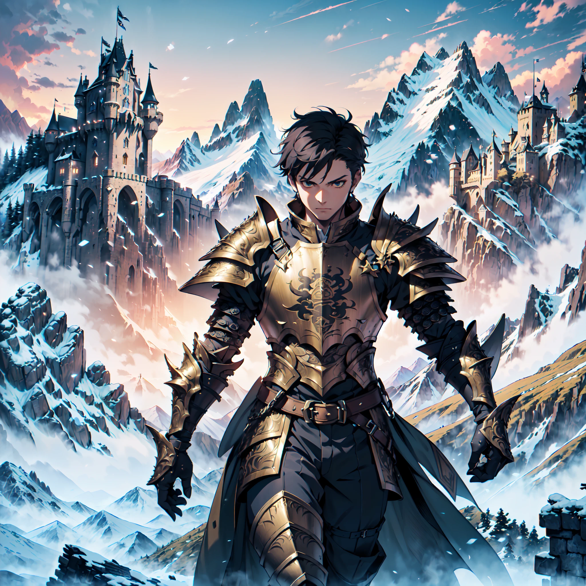 128K Resolution,
Ultra High Definition,
Best Quality,
Hyper Detailed,
Masterpiece,
Anime,
Body Shot,
1 Boy,
Handsome,
Hyper Detailed Short Hair,
(((Hyper Detailed Armor Plates))),
(((Hyper Detailed Undershirt))),
(((Hyper Detailed Engraving Baron Armor))),
(((Mountain Castle Background Scenery))),