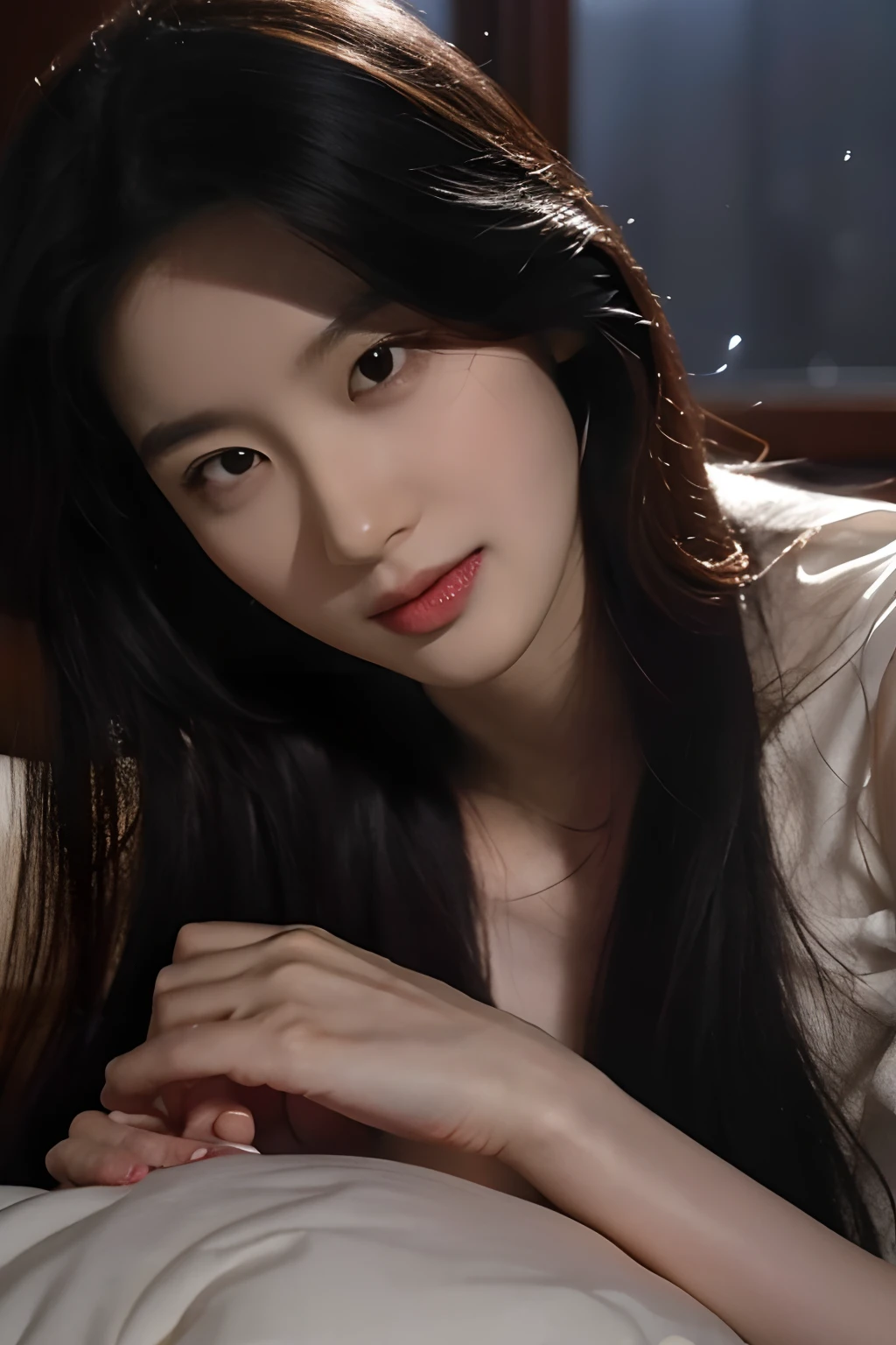 (masutepiece 、Best Quality 、HDR UHD 、Professional)、(Raw photography、top-quality)、((nostalgia、Cile in the 1980s))、(Woman in a literary atmosphere:1.2)、(realisitic、Photorealsitic:1.3)、extremely delicate and beautiful、astonishing、finely detail、 masterpiece, ultra-detailliert, hight resolution, The best illustrations, Best Shadows,Convoluted,depth of fields,1girl in,(long legged:1.4),length hair,hair messy,(((lowkey,Dark Scene,The dim)))),grease,(((softlighting:1.4))),(pale-skinned:1.4),(smile shy),( angle),foco nítido, Volumetric fog, 8K UHD, Digital SLR, hightquality,(film grains:1.4), FujifilmXT3,(Look at viewers)
