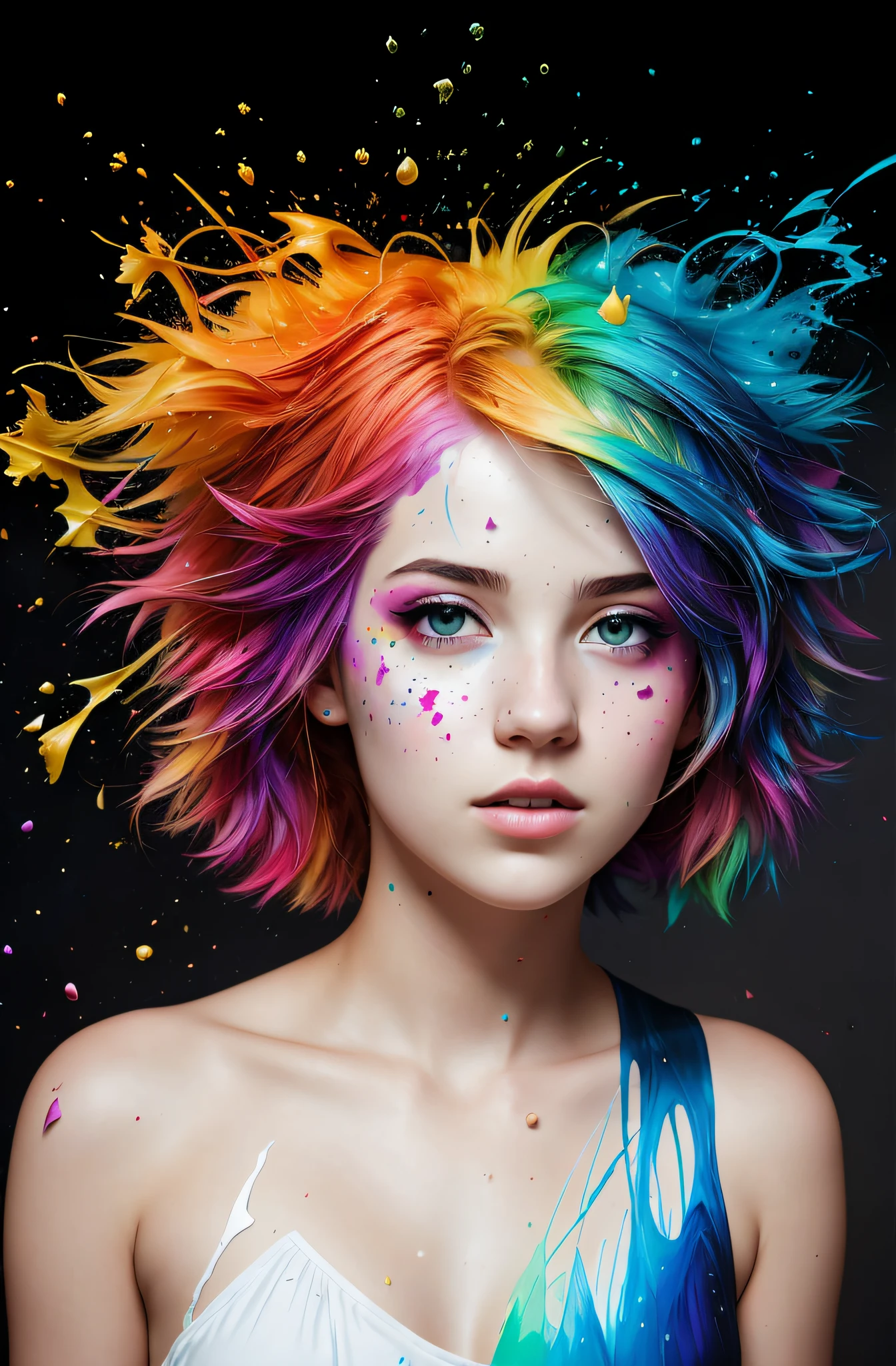 (level difference:1.8),(Paint colliding and splashing on the canvas),(depth of field),1girl's side face blends into it,((side face)),open mouth,(liquid paint rainbow hair:1.1) made of paint and defies gravity,thick flowing,(paint splatter:1.3),Liquid state,stunningly beautiful, masterpiece, detailed background,ultra high quality model, ethereal background,abstract beauty, explosive volumetric, oil painting,heavy strokes,Romantic lighting,Sub-Surface Scatterring,lens 135mm,f1.8,glow,8k,high resolution, dreamy,ray tracing,hdr,god rays,