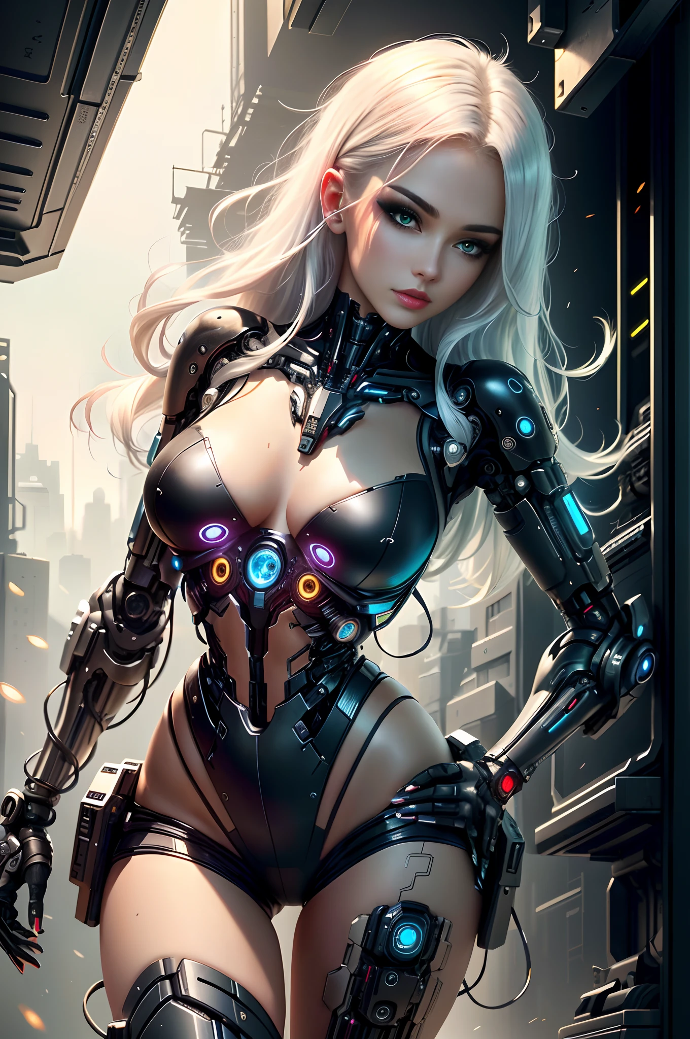 Cyber woman in a black bodysuit with a gun and a futuristic costume, 5 fingers on the hand Cute cyborg girl, cyborg girl, beutiful girl cyborg, perfect android girl, beutiful white girl cyborg, cyborg - girl, cyborg - girl with silver hair, beutiful girl cyborg, Beautiful android woman!, perfect anime cyborg woman, Beautiful android woman, Beautiful alluring cyborg woman