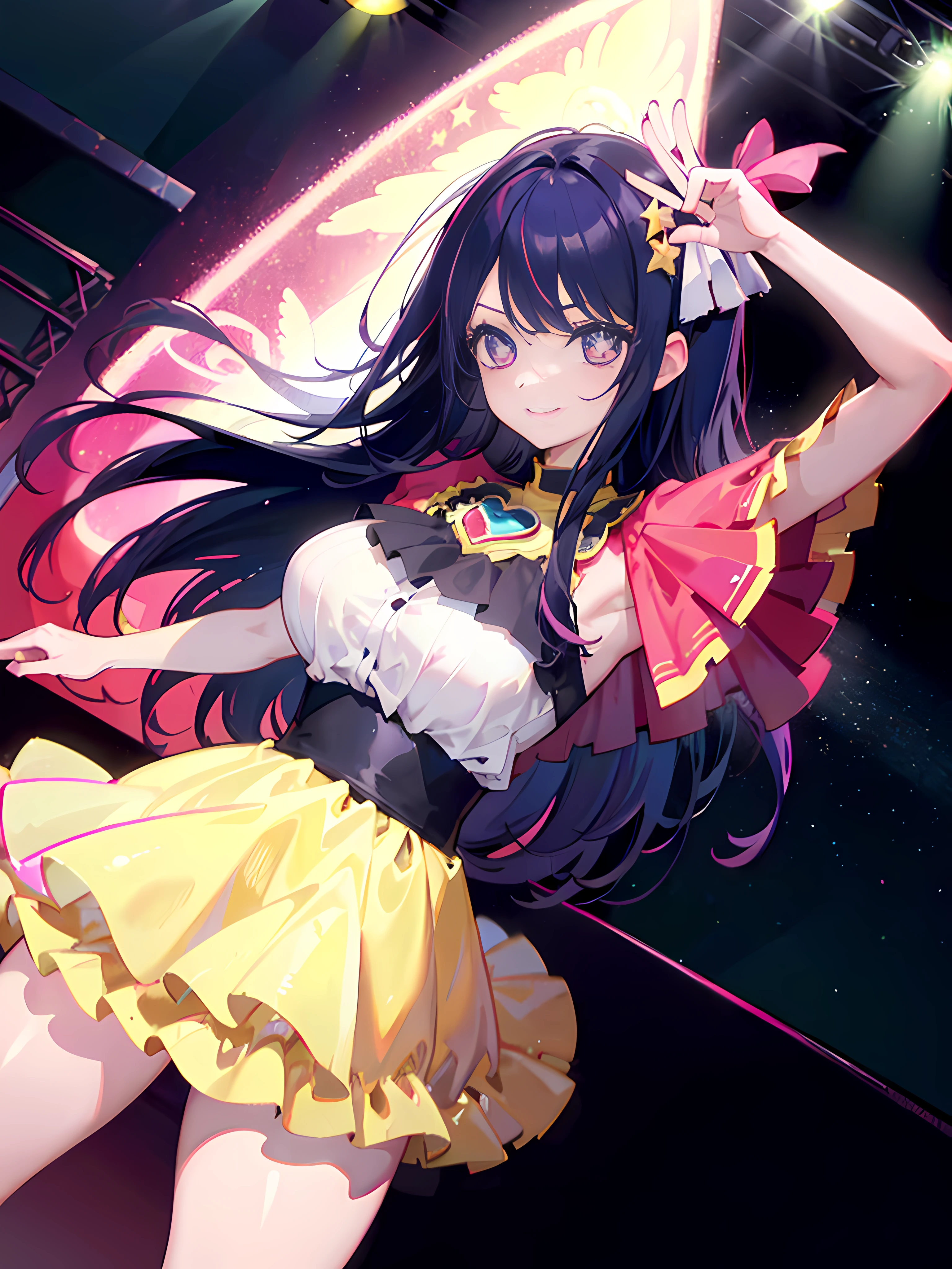 1 girl,(Ai Hoshino, Long hair, Purple hair, Striped hair ,Purple eyes, Star-shaped pupils, hair adornments) ,((Masterpiece)), (Best quality), (Beautiful detailed eyes), (Ultra-detailed), (finedetail), (A high resolution), 8K, Cinematic lighting, Colorful, 1 girl, Cute, Professional photo details of a stunning girl, Sharp focus, Dramatic, Lovely smile, cheerful big breasts, On stage, spotlight, Cute idol costumes, Concert, Cowboy shot, Dynamic Angle, Dutch angle, Dancing, (kawaii, pastel colour),、nice hand, Perfect hands,