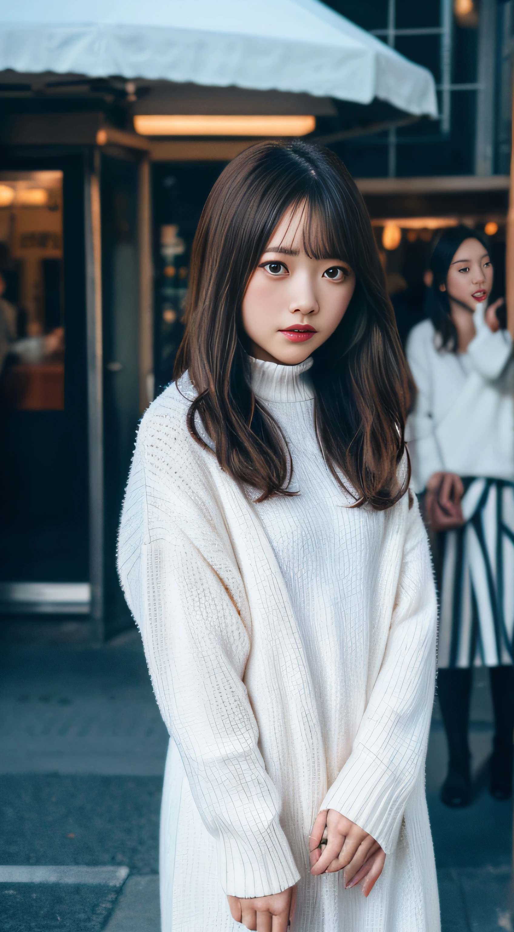 (NSFW:1.5), (NSFW:1.5), NSFW, SFW,8K、Raw photography、top-quality、,Full body portrait:2.0、medium distance shot、White sweater dress、Mini One Piece、(Composition from the knee up:1.2)、32K、ultra res、fully body photo:2.0, is standing:2.0、Best Quality, Raw photo, Photorealistic,Full body portrait:2.0、rialistic photo、(Small breasts:1.2), (skinny body), street corner、Crowds, Ginza、Full body, Looking at the camera、a beauty girl, Cute, length hair, depth of fields, High resolution, Ultra Detail, Fine detail, Highly detailed, Highly detailed eyes and face, Sharp pupils, Realistic pupils, Sharp Focus, softlighting