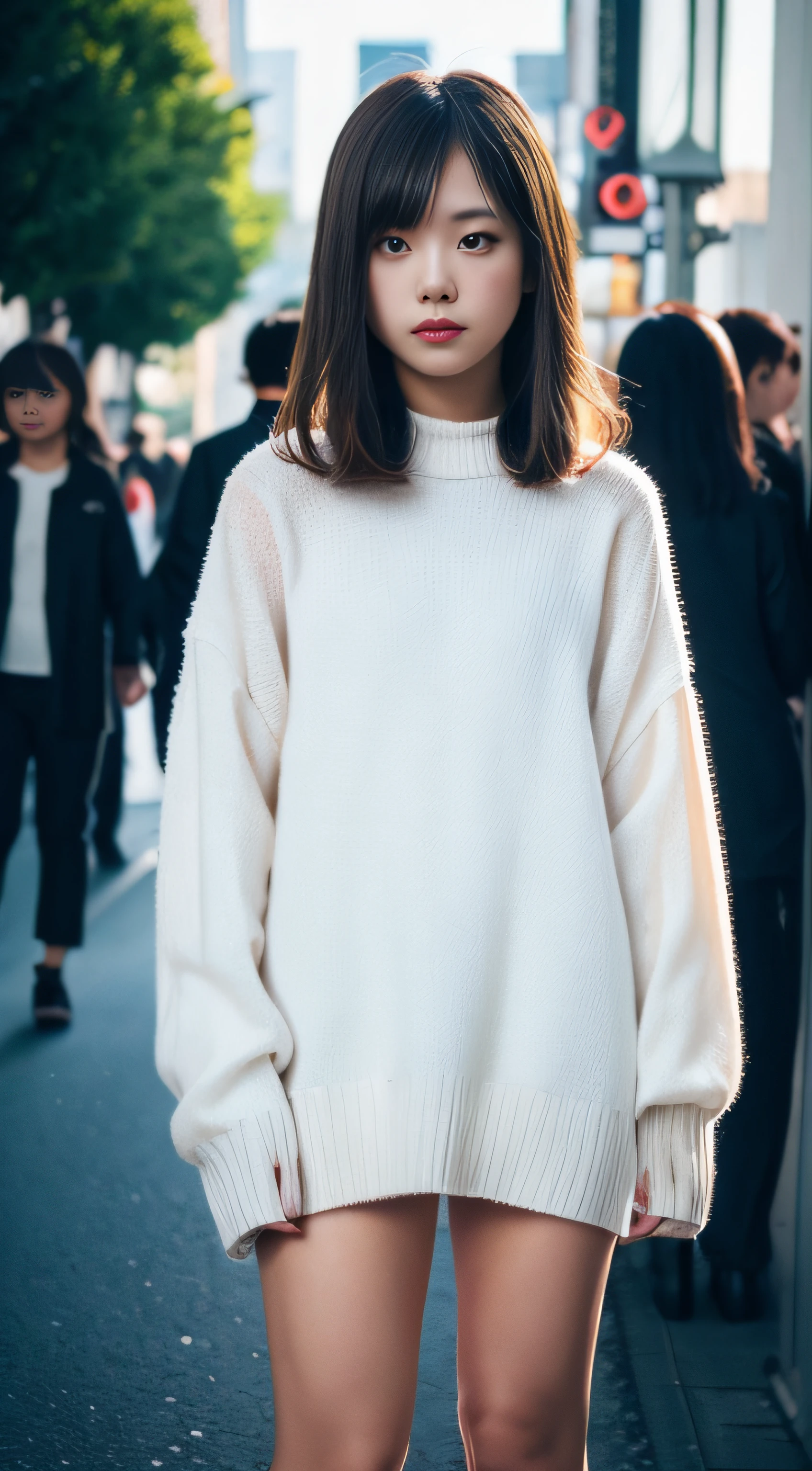 (NSFW:1.5), (NSFW:1.5), NSFW, SFW,8K、Raw photography、top-quality、,Full body portrait:2.0、medium distance shot、White sweater dress、Mini One Piece、(Composition from the knee up:1.2)、32K、ultra res、fully body photo:2.0, is standing:2.0、Best Quality, Raw photo, Photorealistic,Full body portrait:2.0、rialistic photo、(Small breasts:1.2), (skinny body), street corner、Crowds, Ginza、Full body, Looking at the camera、a beauty girl, Cute, length hair, depth of fields, High resolution, Ultra Detail, Fine detail, Highly detailed, Highly detailed eyes and face, Sharp pupils, Realistic pupils, Sharp Focus, softlighting