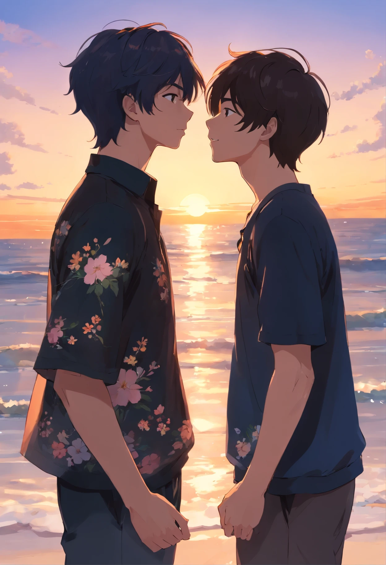 Two men me in a flowery outfit and the other in a black outfit kissing face a sunset on the beach
