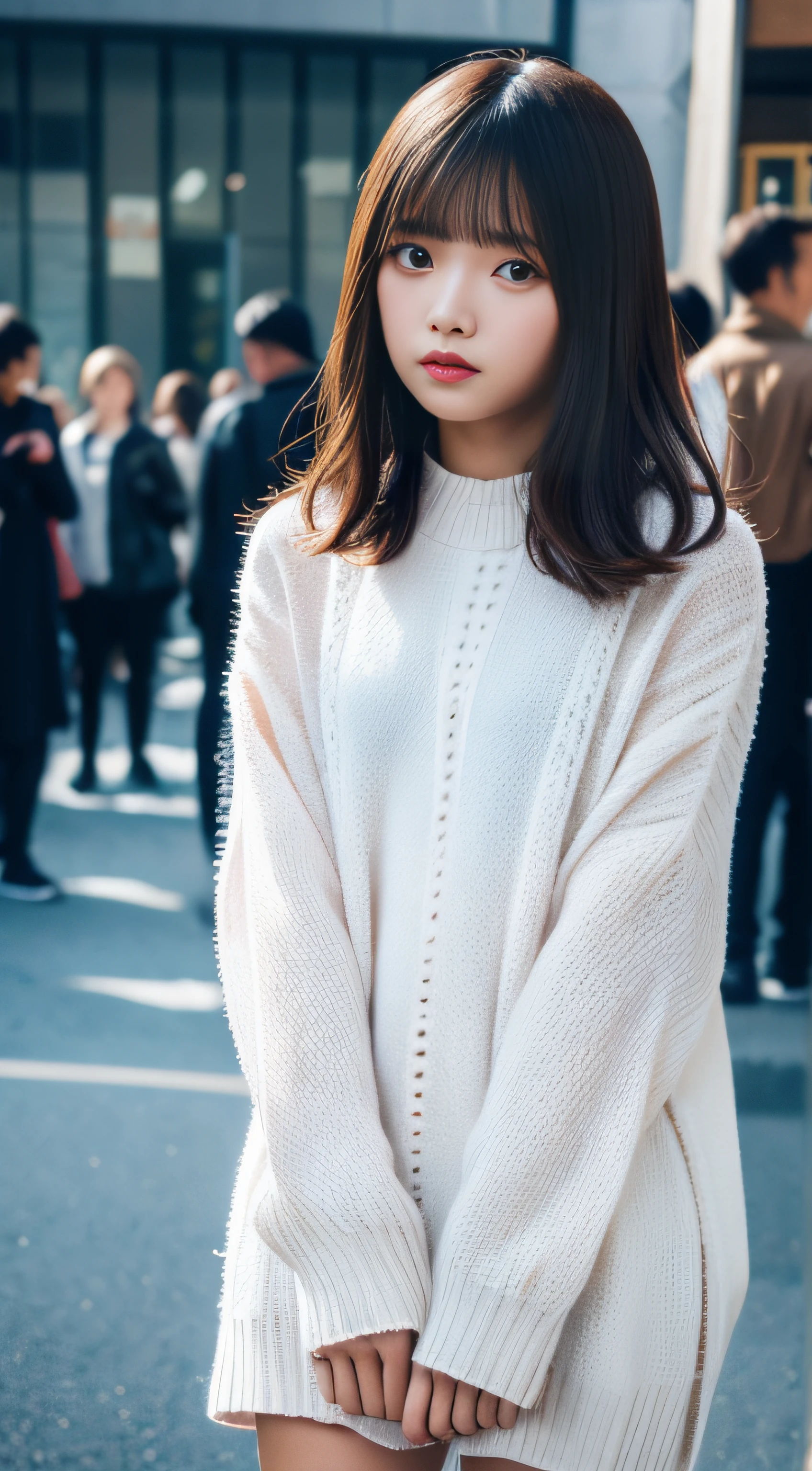 (NSFW:1.5), (NSFW:1.5), NSFW, SFW,8K、Raw photography、top-quality、,Full body portrait:2.0、medium distance shot、White sweater dress、Mini One Piece、(Composition from the knee up:1.2)、32K、ultra res、fully body photo:2.0, is standing:2.0、Best Quality, Raw photo, Photorealistic,Full body portrait:2.0、rialistic photo、(Small breasts:1.2), (skinny body), street corner、Crowds, Ginza、Full body, Looking at the camera、a beauty girl, Cute, length hair, depth of fields, High resolution, Ultra Detail, Fine detail, Highly detailed, Highly detailed eyes and face, Sharp pupils, Realistic pupils, Sharp Focus, softlighting