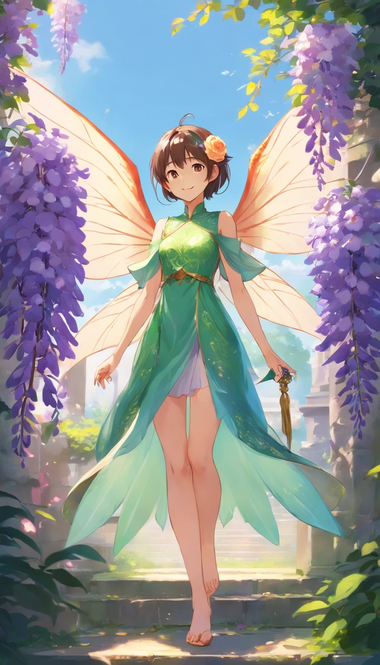 a drawing of a dragon fairy with a rose in her hand, Transparent and lightweight wings like demonic cicada wings, Barott style classical garden, concept art, sky,study of a flower fairy, fairy aesthetics, dragon aesthetic, faerie, portrait of a dragon fairy, smiling as a queen of dragons, queen of the dragon fairies, beautiful fairy, the majestic deity of summer, elf girl wearing an flower suit, very realistic anime art, Wisteria trees