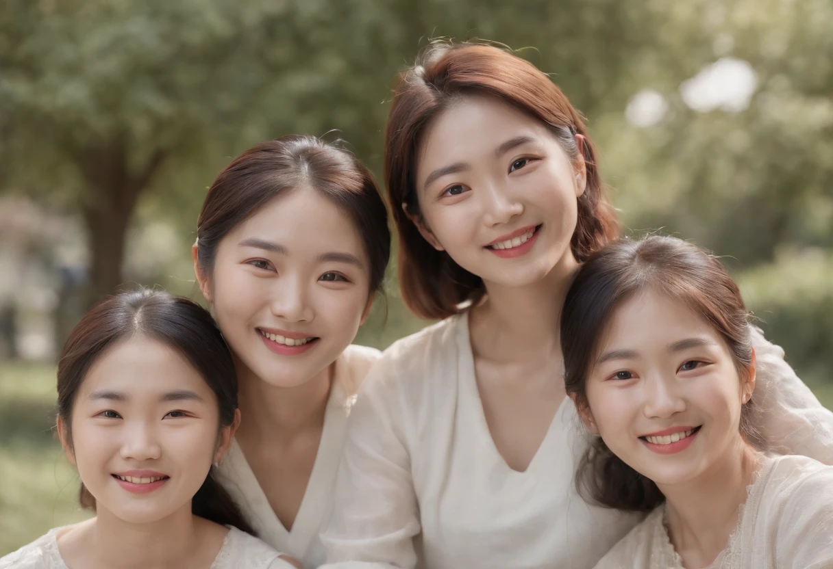 portrait a korean family, 3 people, smilling in the sunshine, real image, ultra-detailed,