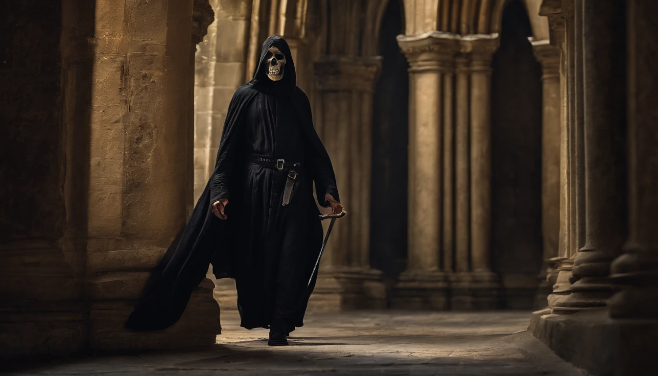 Pre-Raphaelites, grim reaper, death, plays violin, dancing souls, gothic atmosphere, dark, gloomy, cathedral background, oil painting, medieval