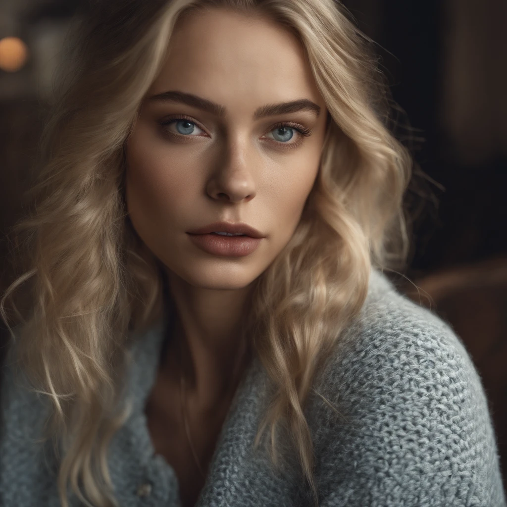 ultra face close up, face up,1Girl 18 years old, nur, Lange Haare, Blick auf den Betrachter, blonde hair, blaue Augen, Schmuck, Halskette, schulterfrei, pullover, lips, realistisch, Nase, Flirten mit der Kamera, close up shot, realism, detailed eyes, skin imperfection, fine small freckles, natural, without reflection and shadow on the face, without glare, ultra high face texture, colours, realism, 8K, natural, big lips, full lips, hyper detailed photo, photorealistic