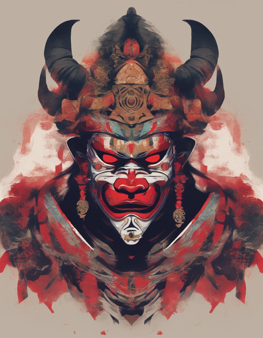 Portrait of warrior whose mask is a mix of indian kathakali makeup and japanese oni demon mark
