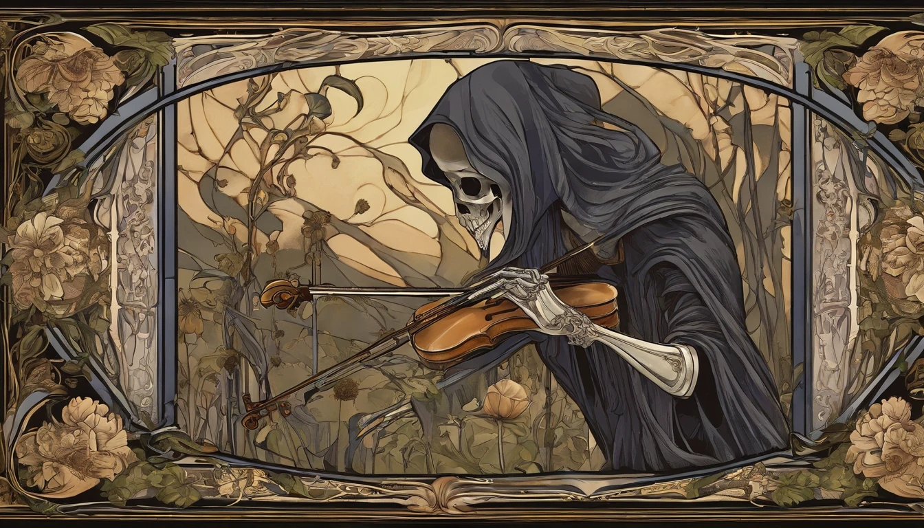 Pre-Raphaelites, grim reaper, death, plays violin, dancing souls, gothic atmosphere, dark, gloomy, cathedral background, oil painting, medieval