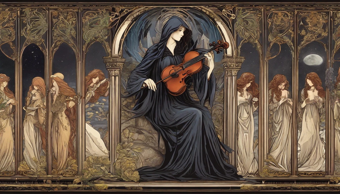 Pre-Raphaelites, grim reaper, death, plays violin, dancing souls, gothic atmosphere, dark, gloomy, cathedral background, oil painting, medieval