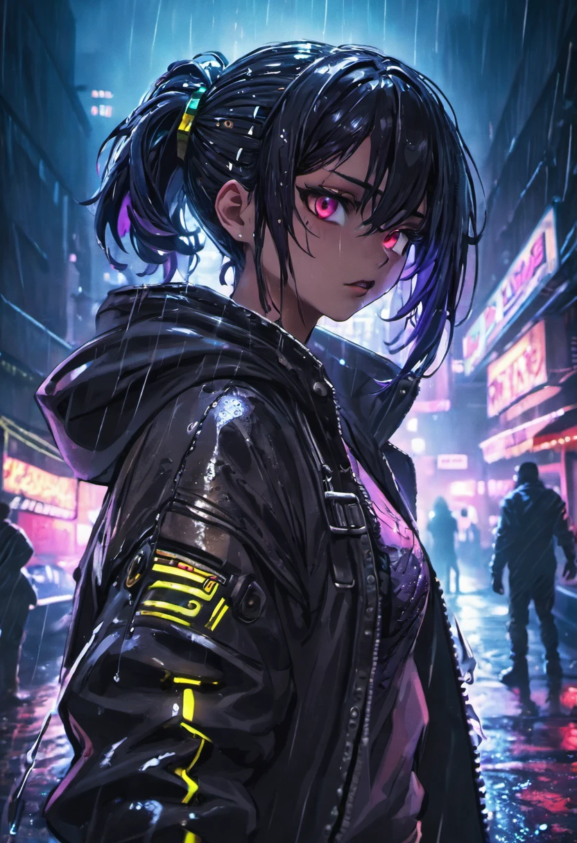 fotografia de close-up, jovem mulher cyberpunk confiante com cabelos preto, inspirada em Morena Baccarin, usando um capuz, on a rain-soaked street at night, fotorrealista, Cinematic lighting