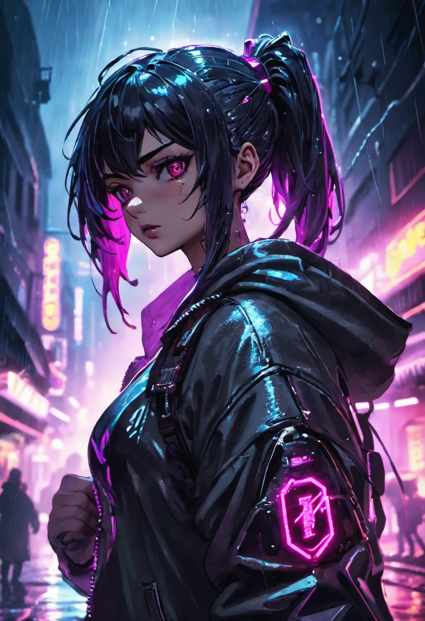 fotografia de close-up, jovem mulher cyberpunk confiante com cabelos preto, inspirada em Morena Baccarin, usando um capuz, on a rain-soaked street at night, fotorrealista, Cinematic lighting
