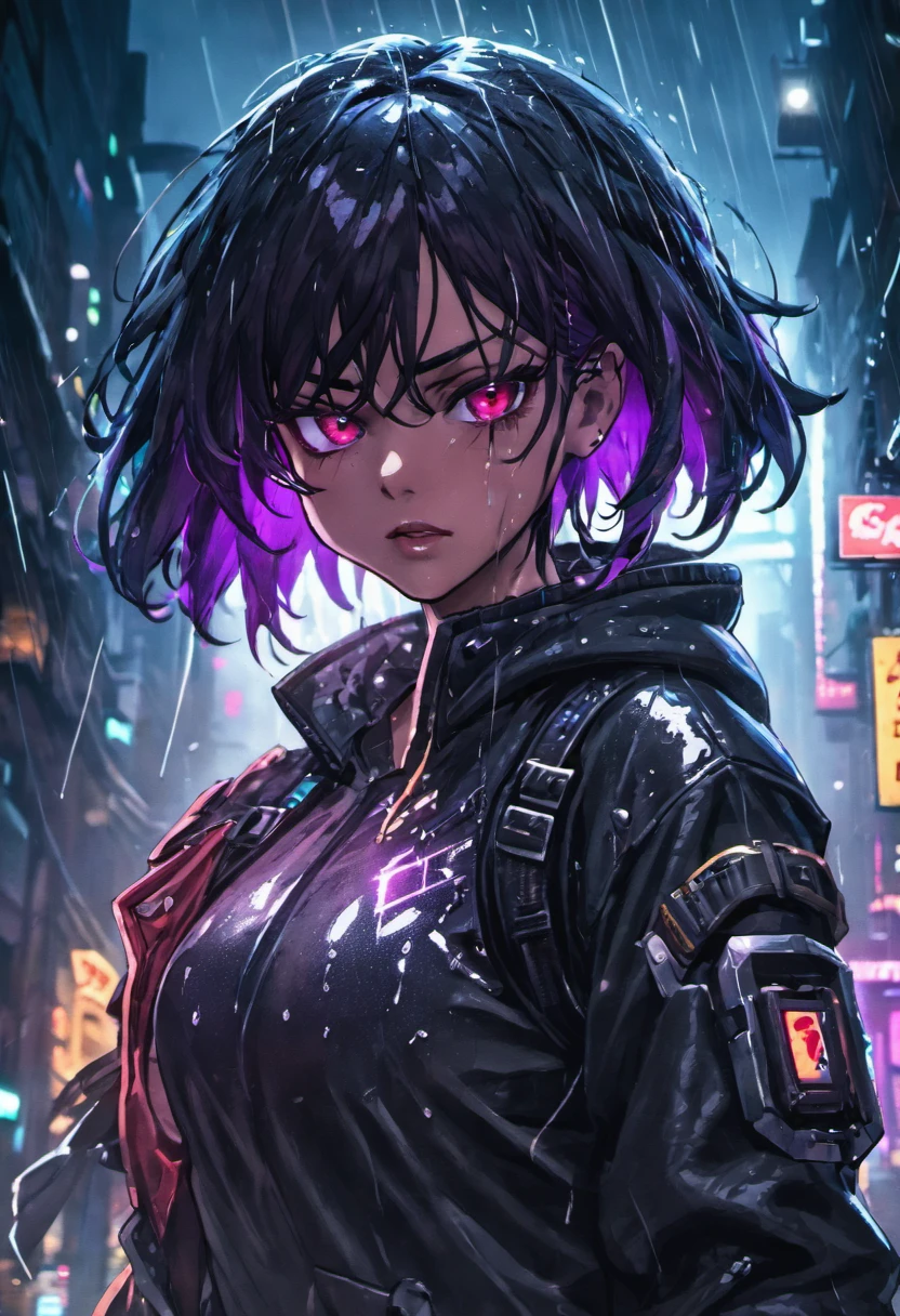 fotografia de close-up, jovem mulher cyberpunk confiante com cabelos preto, inspirada em Morena Baccarin, usando um capuz, on a rain-soaked street at night, fotorrealista, Cinematic lighting