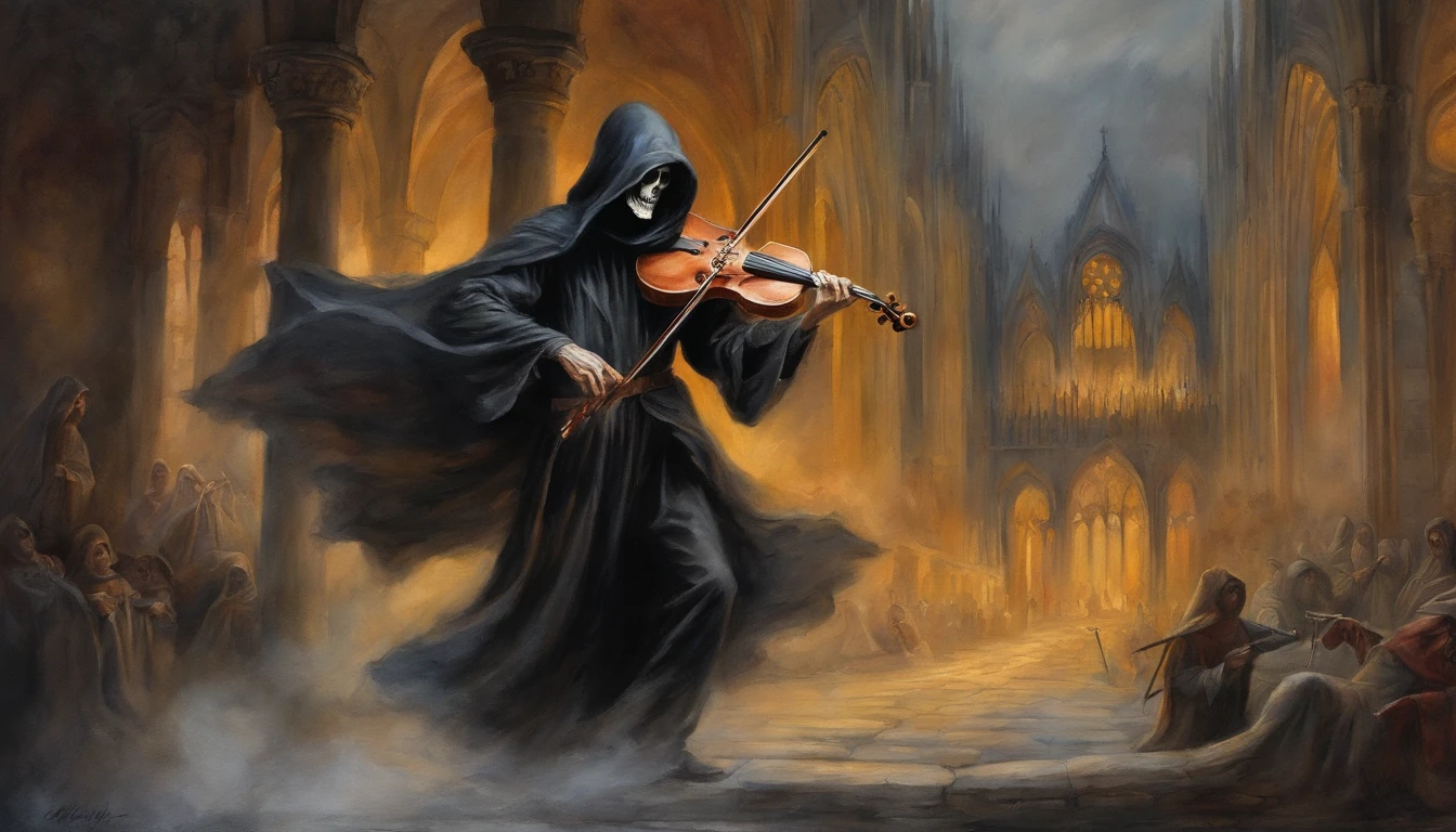 Pre-Raphaelites, grim reaper, death, plays violin, dancing souls, gothic atmosphere, dark, gloomy, cathedral background, oil painting, medieval