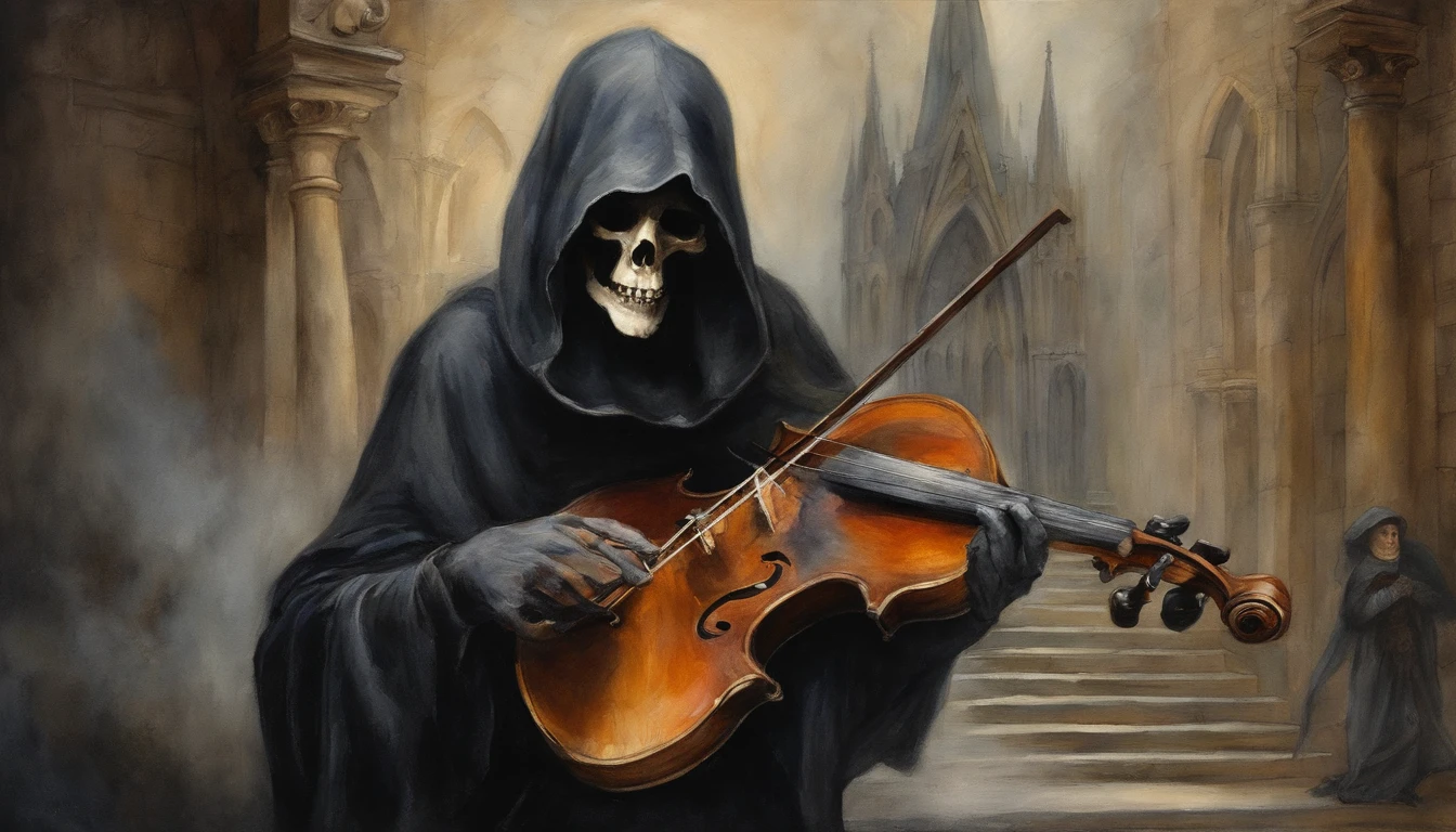 Pre-Raphaelites, grim reaper, death, plays violin, dancing souls, gothic atmosphere, dark, gloomy, cathedral background, oil painting, medieval