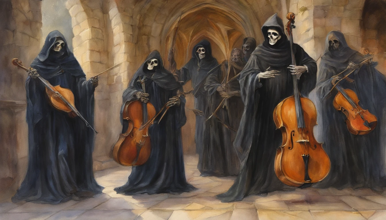 Pre-Raphaelites, grim reaper, death, plays violin, dancing souls, gothic atmosphere, dark, gloomy, cathedral background, oil painting, medieval