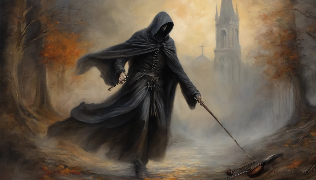 Pre-Raphaelites, grim reaper, death, plays violin, dancing souls, gothic atmosphere, dark, gloomy, cathedral background, oil painting, medieval