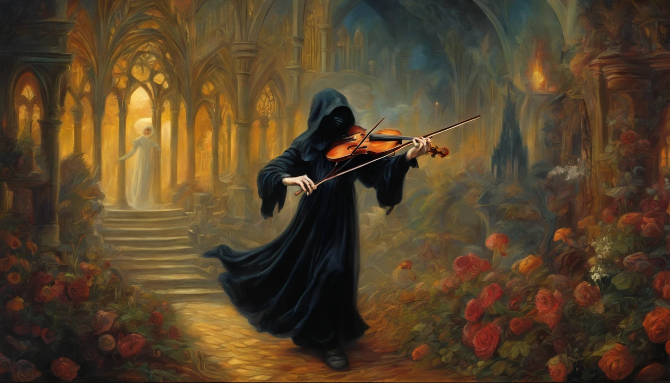 Pre-Raphaelites, grim reaper, death, plays violin, dancing souls, gothic atmosphere, dark, gloomy, cathedral background, oil painting, medieval