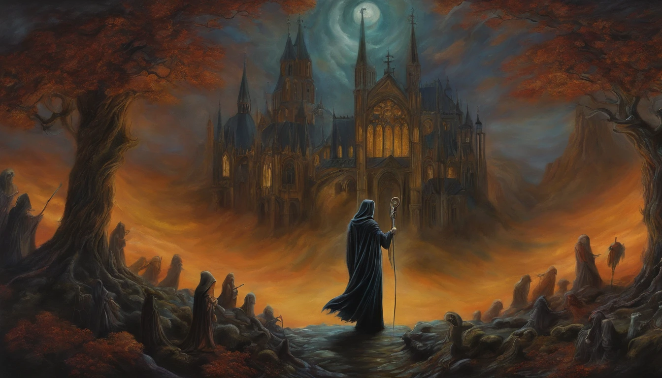Pre-Raphaelites, grim reaper, death, plays violin, dancing souls, gothic atmosphere, dark, gloomy, cathedral background, oil painting, medieval