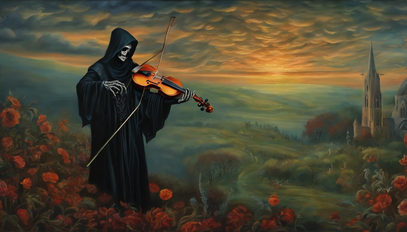 Pre-Raphaelites, grim reaper, death, plays violin, dancing souls, gothic atmosphere, dark, gloomy, cathedral background, oil painting, medieval