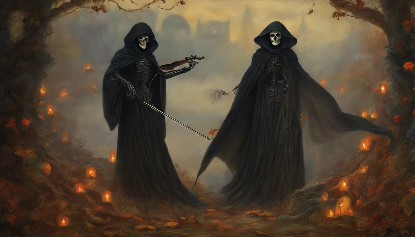 Pre-Raphaelites, grim reaper, death, plays violin, dancing souls, gothic atmosphere, dark, gloomy, cathedral background, oil painting, medieval