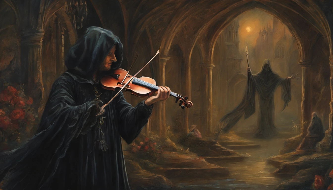 Pre-Raphaelites, grim reaper, death, plays violin, dancing souls, gothic atmosphere, dark, gloomy, cathedral background, oil painting, medieval