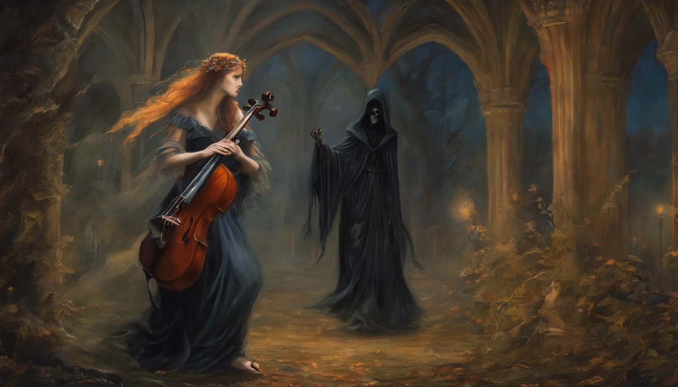 Pre-Raphaelites, grim reaper, death, plays violin, dancing souls, gothic atmosphere, dark, gloomy, cathedral background, oil painting, medieval