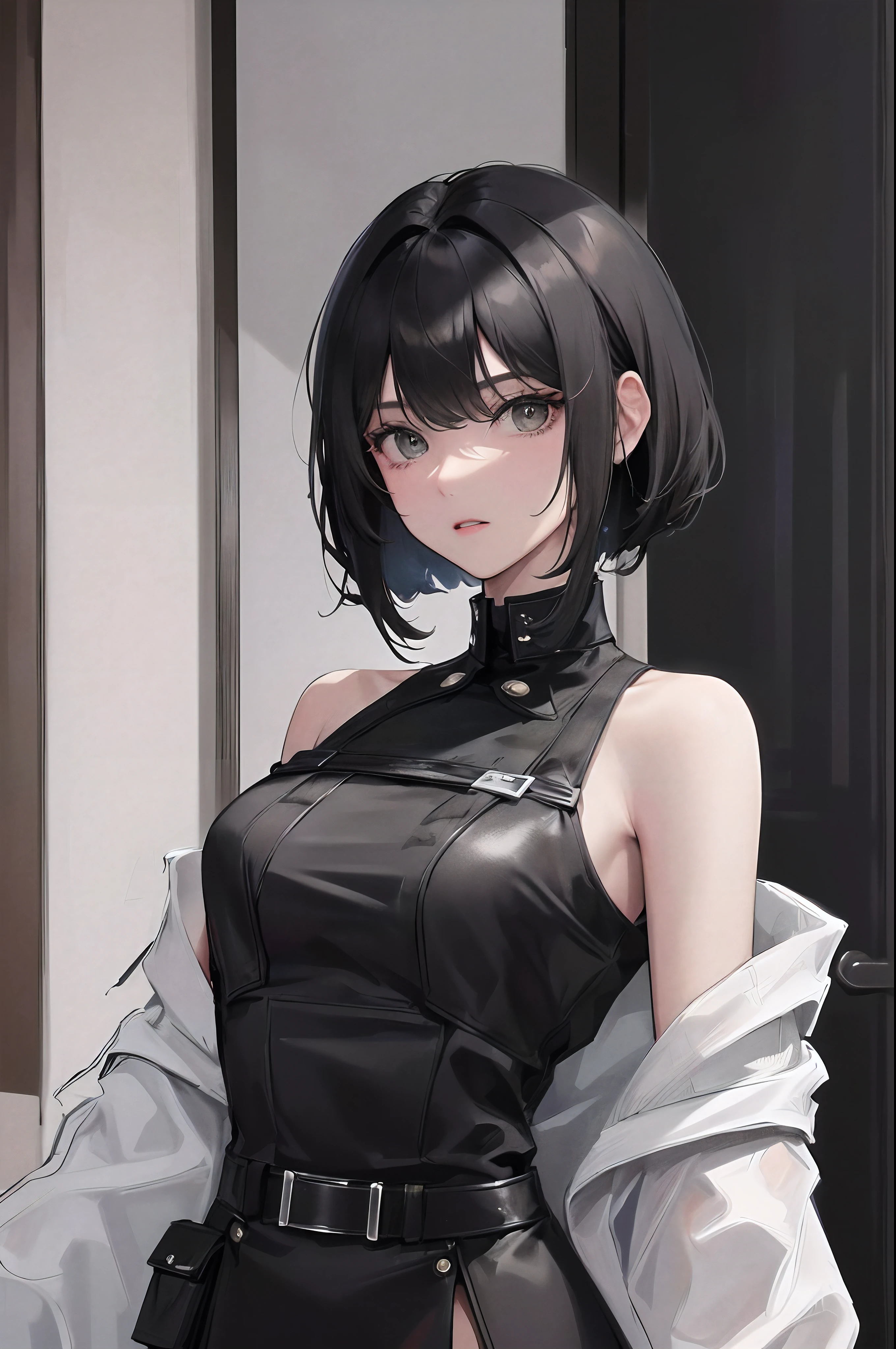 (highest resolution, distinct_image) The best quality, a woman, masterpiece, highly detailed, semi realistic, black short hair, black hair, bangs, 21 years old, shoulder length hair, mature, young, black clothing, black uniform, without military uniform, fully naked body, military academy, beautiful, heroic, heroic, indoor background, delicate and delicate facial features