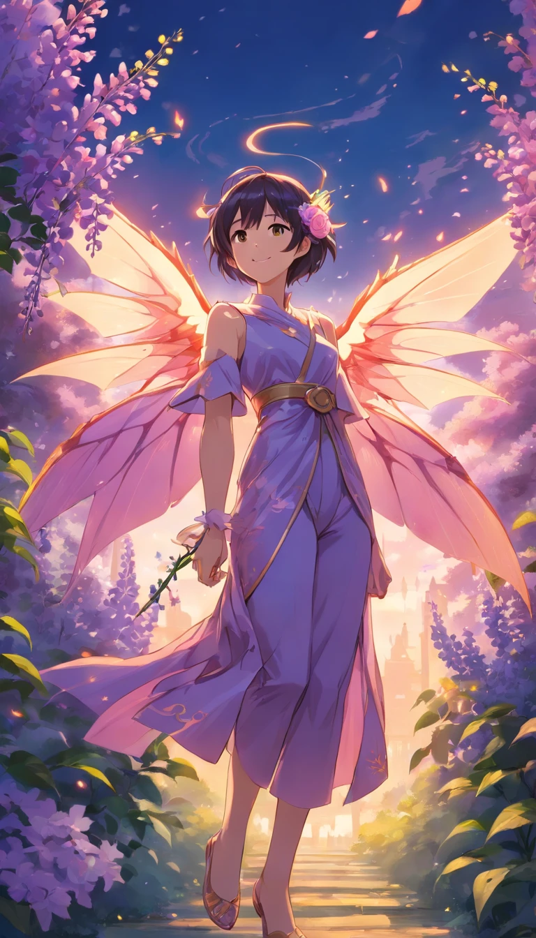 a drawing of a dragon fairy with a rose in her hand, Transparent and darkness wings like demonic bat wings, Barott style classical garden, concept art, sky, dragon aesthetic, portrait of a dragon fairy, smiling as a queen of dragons, queen of the dragon fairies, beautiful dragon, the majestic deity of summer, elf girl wearing an fireflowers suit, blaze, very realistic anime art, Wisteria trees