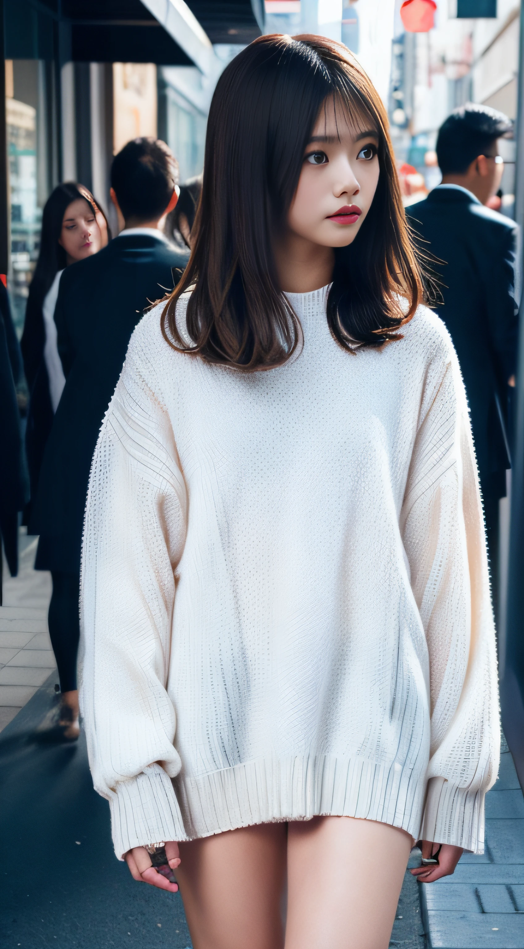 (NSFW:1.5), (NSFW:1.5), NSFW, SFW,8K、Raw photography、top-quality、,Full body portrait:2.0、medium distance shot、White rough woven sweater dress、Mini One Piece、(Composition from the knee up:1.2)、32K、ultra res、fully body photo:2.0, is standing:2.0、Best Quality, Raw photo, Photorealistic,Full body portrait:2.0、rialistic photo、(Small breasts:1.2), (skinny body), street corner、Crowds, Ginza、Full body, Looking at the camera、a beauty girl, Cute, length hair, depth of fields, High resolution, Ultra Detail, Fine detail, Highly detailed, Highly detailed eyes and face, Sharp pupils, Realistic pupils, Sharp Focus, softlighting