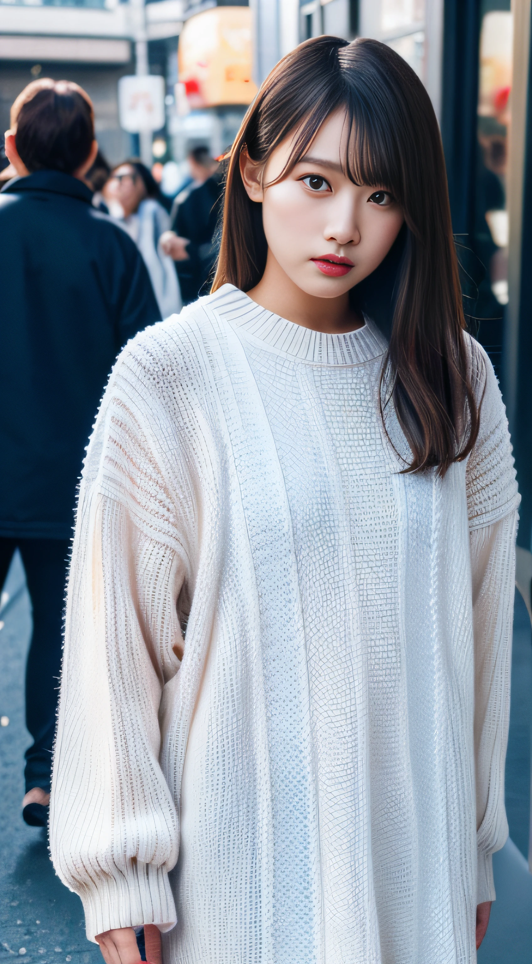 (NSFW:1.5), (NSFW:1.5), NSFW, SFW,8K、Raw photography、top-quality、,Full body portrait:2.0、medium distance shot、White rough woven sweater dress、Mini One Piece、(Composition from the knee up:1.2)、32K、ultra res、fully body photo:2.0, is standing:2.0、Best Quality, Raw photo, Photorealistic,Full body portrait:2.0、rialistic photo、(Small breasts:1.2), (skinny body), street corner、Crowds, Ginza、Full body, Looking at the camera、a beauty girl, Cute, length hair, depth of fields, High resolution, Ultra Detail, Fine detail, Highly detailed, Highly detailed eyes and face, Sharp pupils, Realistic pupils, Sharp Focus, softlighting
