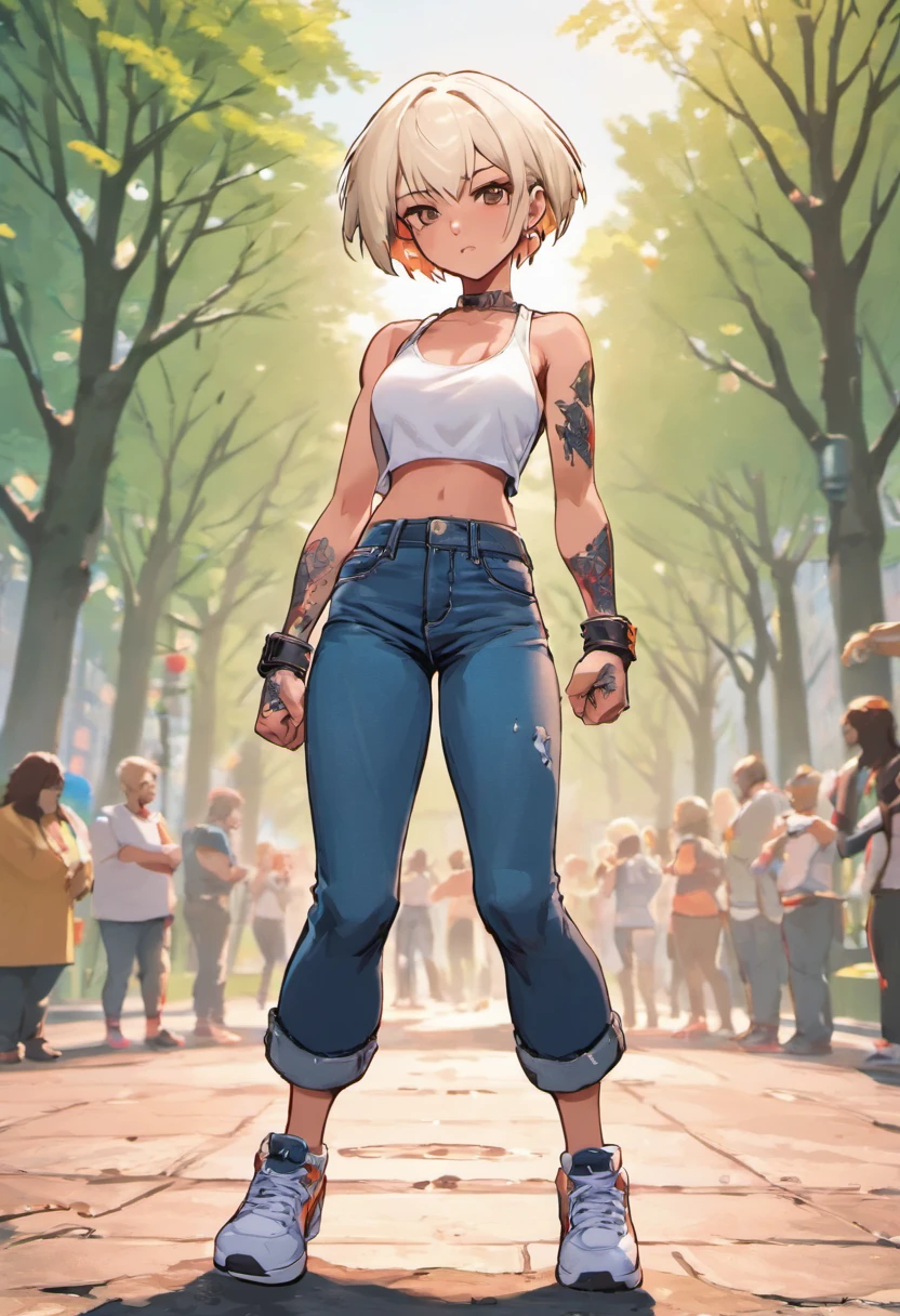 masterpiece, best quality,1 Girl,***** Girls, lapis lazuli_blue eyes, Ash Gold, Frohawk,Worry _Face,Glowing skin,Large Breasts,Beautiful leg lines:1.3,Thick thighs, Thin waist,, Black_denim_shorts, Black_Image_t-shirt, White_sports shoes, Layering_chain_项chain, , one_outdoor_area_filling_and_High target_pine_Trees,,Looking at the audience,from above:1.2,Hook of Holland